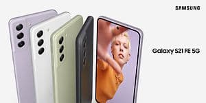 Samsung Galaxy S21 FE in different colours on banner
