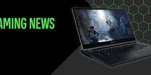 En bærbar computer på et sort banner med teksten gaming news