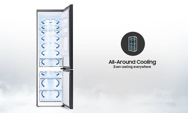 Avoin Samsung Bespoke -jääkaappipakastin ja teksi All-around Cooling, Even cooling everywhere.