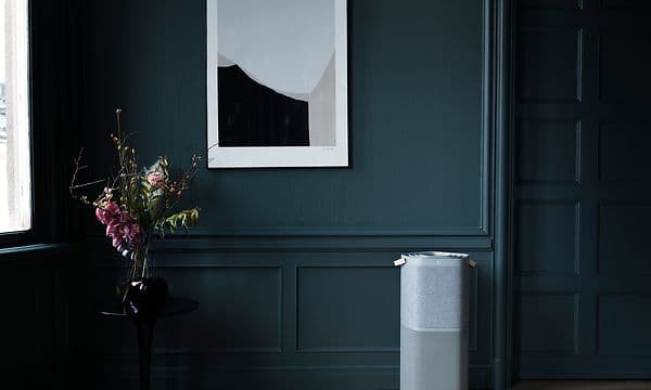 Harmaa Electrolux Pure A9 ilmanpuhdistin kukkamaljakon vieressä tummassa huoneessa