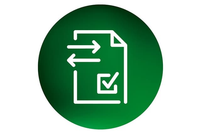 Rund Punch-out solution logo med papir og pile i hvidt