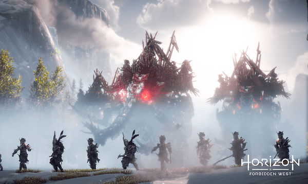 Kuvakaappaus pelistä Horizon Forbidden West, jossa metsästäjät pyydystävät futuristisia mammutteja