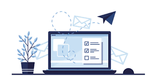 En illustration över en laptop som står på ett skrivbord med ett pappersflygplan som symboliserar ett mail som skickas.