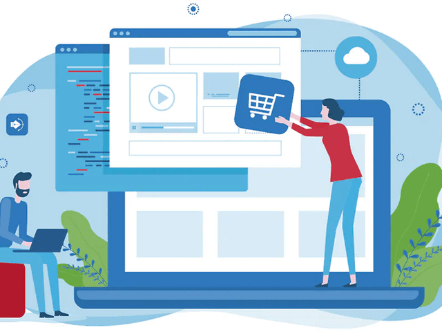 Illustration som visar hur marketplace för partners fungerar i blått, rött och grönt med två personer.
