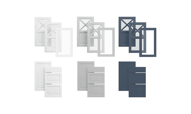 Epoq kök i serien Heritage - Display av köksfronter i färgerna Classic White, Ljusgrå och Bluegrey.