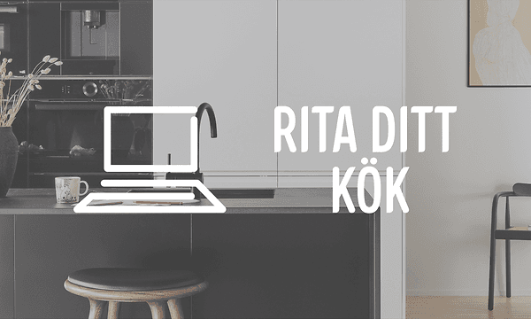 Bild på ett kök med text i vitt där det står: "rita ditt kök" och vita konturer av en dator. 