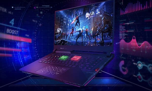 ROG Strix SCAR 15 gaming-laptop forfra, som viser hvordan et spill kan se ut på skjermen.