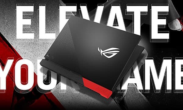 To ROG Strix G15 advantage edition, lukket igjen og sett ovenfra med teksten "elevate your game" i bakgrunnen.