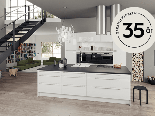 Epoq Gloss White kjøkken med garantilogo
