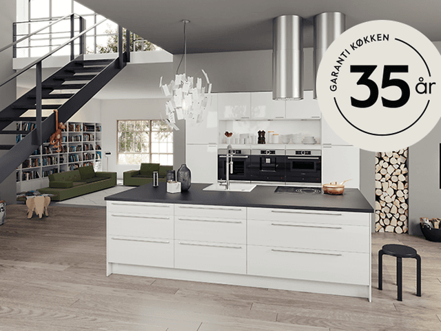 Epoq Gloss White køkken med garantilogo 35 år