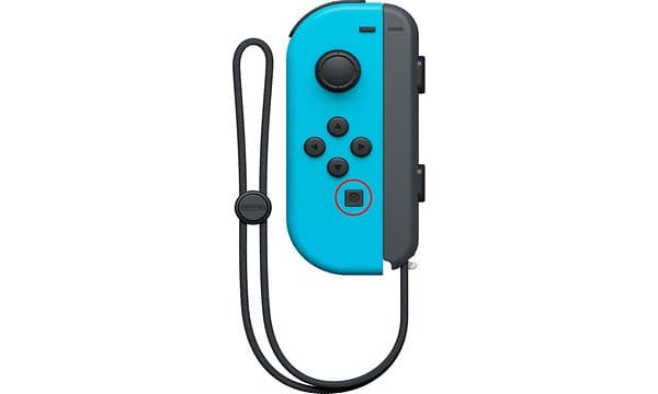 Blå Nintendo Joy-Con-kontroller med en rød ring rundt kameraknappen