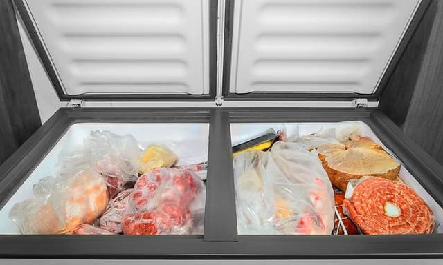 Pakastettua ruokaa täynnä oleva arkkupakastin, jonka kansi raollaan auki