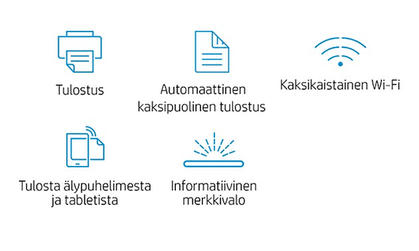 HP LaserJet M209dwe ikoneja ja suomenkieliset tekstit niiden alla