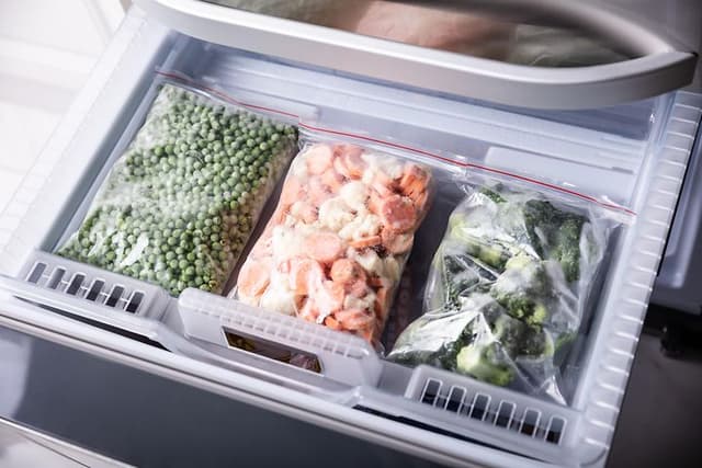 Tre plastposer med frosne grønnsaker i en fryser