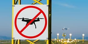 En flygplats med förbud mot drönare-skylt