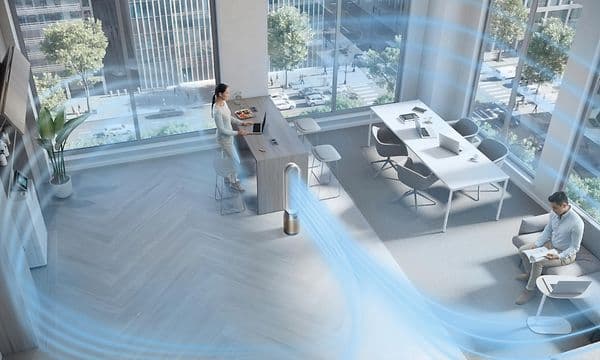 Lyseblå luftstrøm illustrert i et rom for å vise hvordan Dyson luftrenser fungerer