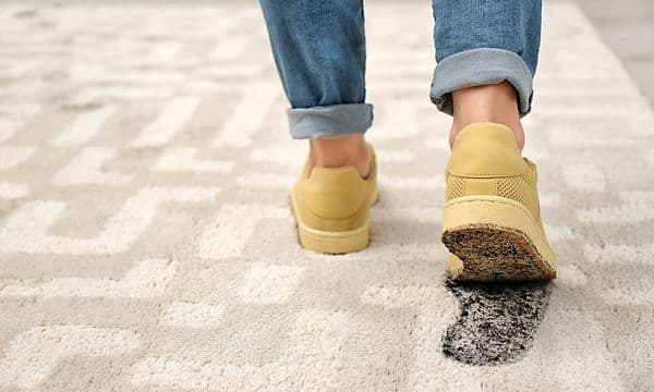 Gule sko gjør et skittent fotavtrykk på et beige teppe