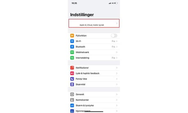Screenshot fra Indstillinger på en iPhone