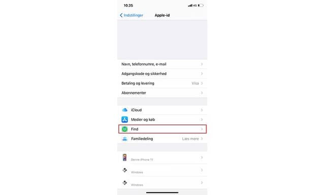 Screenshot fra Indstillinger på en iPhone