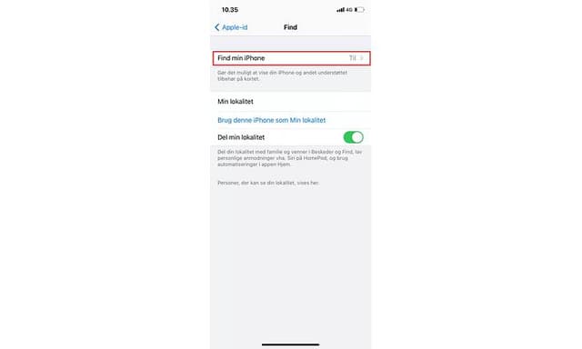 Screenshot fra Indstillinger på en iPhone