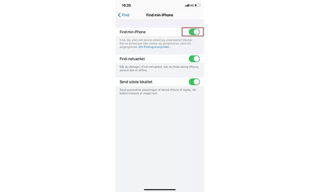 Screenshot fra Indstillinger på en iPhone