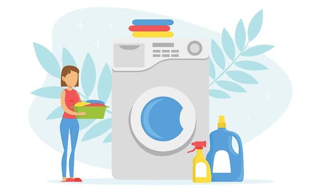 Illustration of woman with laundry by a washing machine