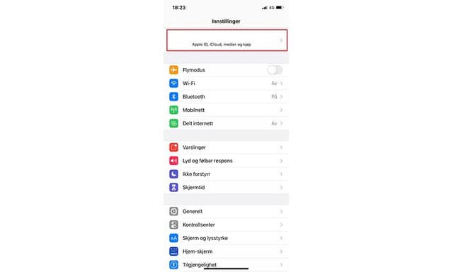 Skjermbilde fra innstillinger på iPhone