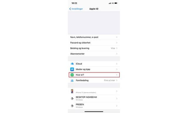 Skjermbilde fra innstillinger på iPhone