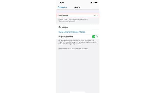 Skjermbilde fra innstillinger på iPhone