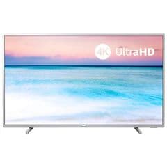 TV-apparat från Phillips med silverram och bordsstativ. På bildskärmen synd ett vackert strandmotiv.
