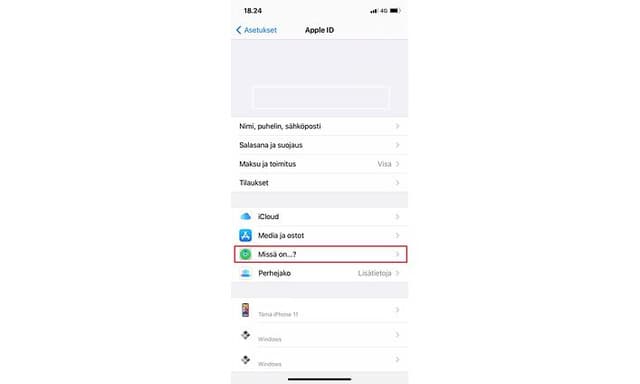 iPhonen näyttö, josta Missä on...? -kohta on korostettu punaisella reunalla.