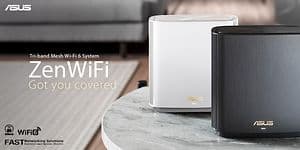 ZenWiFi Got you covered - en sort og en hvid ZenWiFi mesh-router står på et lille bord