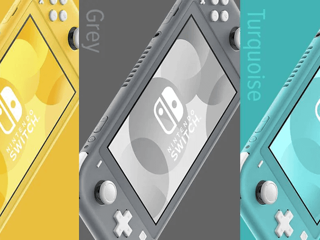 Nintendo Switch Lite - kollage med tre olika färger, gul grått och turkos.
