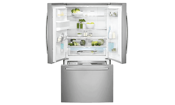 an open french door fridge, displaying the inside
