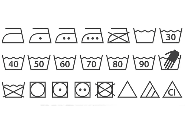 Illustration: Samling av tvättsymboler.