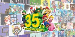 Super Mario Bros 35. juhlavuoden mainoskuva, jossa Super Mario -peleistä tunnettuja hahmoja