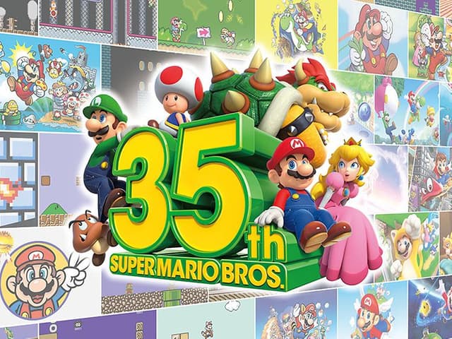 kollasje med nintendo-bilder og super mario bros 35th-logo