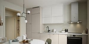 Epoq Trend Greige og Gloss White kjøkken med sort blandebatteri