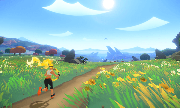 Nintendo Ring fit a screenshot of a game with a running woman in nature