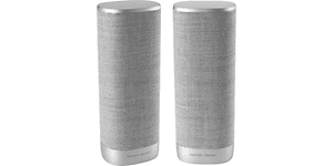Två stycken gråa cylinderformade högtalare på högkant av märket Harman Kardon Citation. 