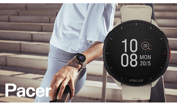 Polar - A Polar Pacer sportswatch on the wrist of a female runner