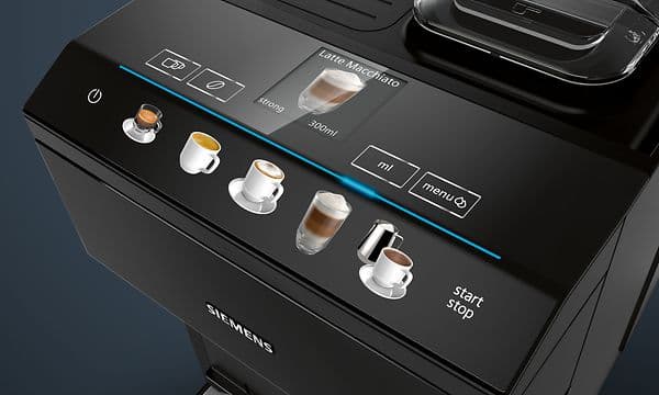 CoffeeSelect-skjermen på topen av en Siemens EQ.500 kaffemaskin
