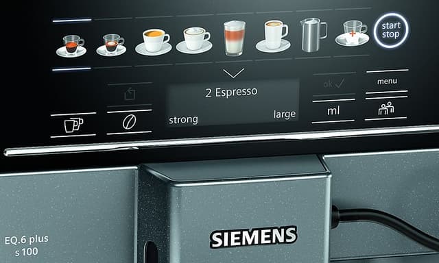 coffeeSelect display på en Siemens kaffemaskin EQ. 6 Plus S100 som visar olika sorters kaffedrycker