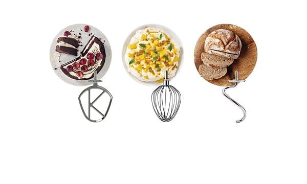 Illustration av K-visp, degkrok och visp till köksmaskinen Kenwood Chef XL Elite