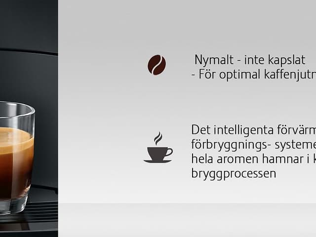 Två kaffeglas och lista med funktioner för Jura kaffemaskin med svensk text