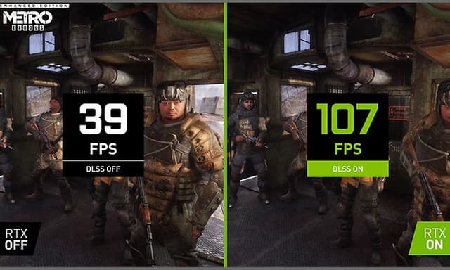 Vertailukuva kahdesta näytöstä, toisessa NVIDIA DLSS sekä toisessa näytössä ilman NVIDIA DLSS:ää