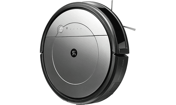 Produktbild av en svart och silvrig robotdammsugare