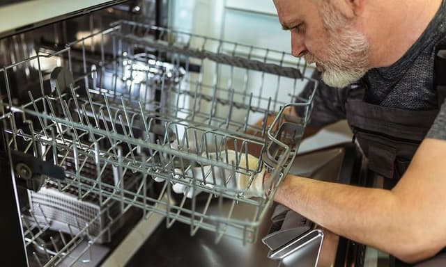 Mies korjaamassa astianpesukonetta