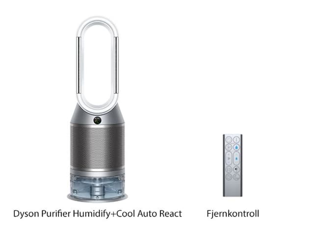 Dyson Dyson Humidify+Cool Auto React og en fjernkontroll og tekst under på norsk