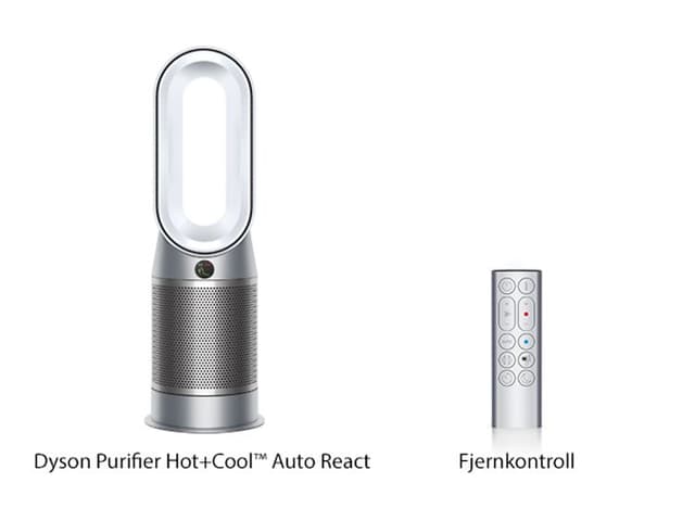 Dyson Hot+Cool Auto React og en fjernkontroll og tekst under på norsk